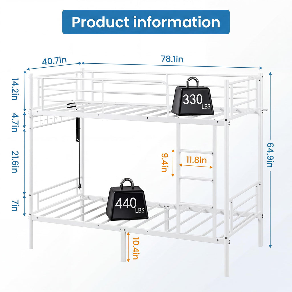 White Twin Over Twin Bunk Bed with LED Lights and Charging Station L86340