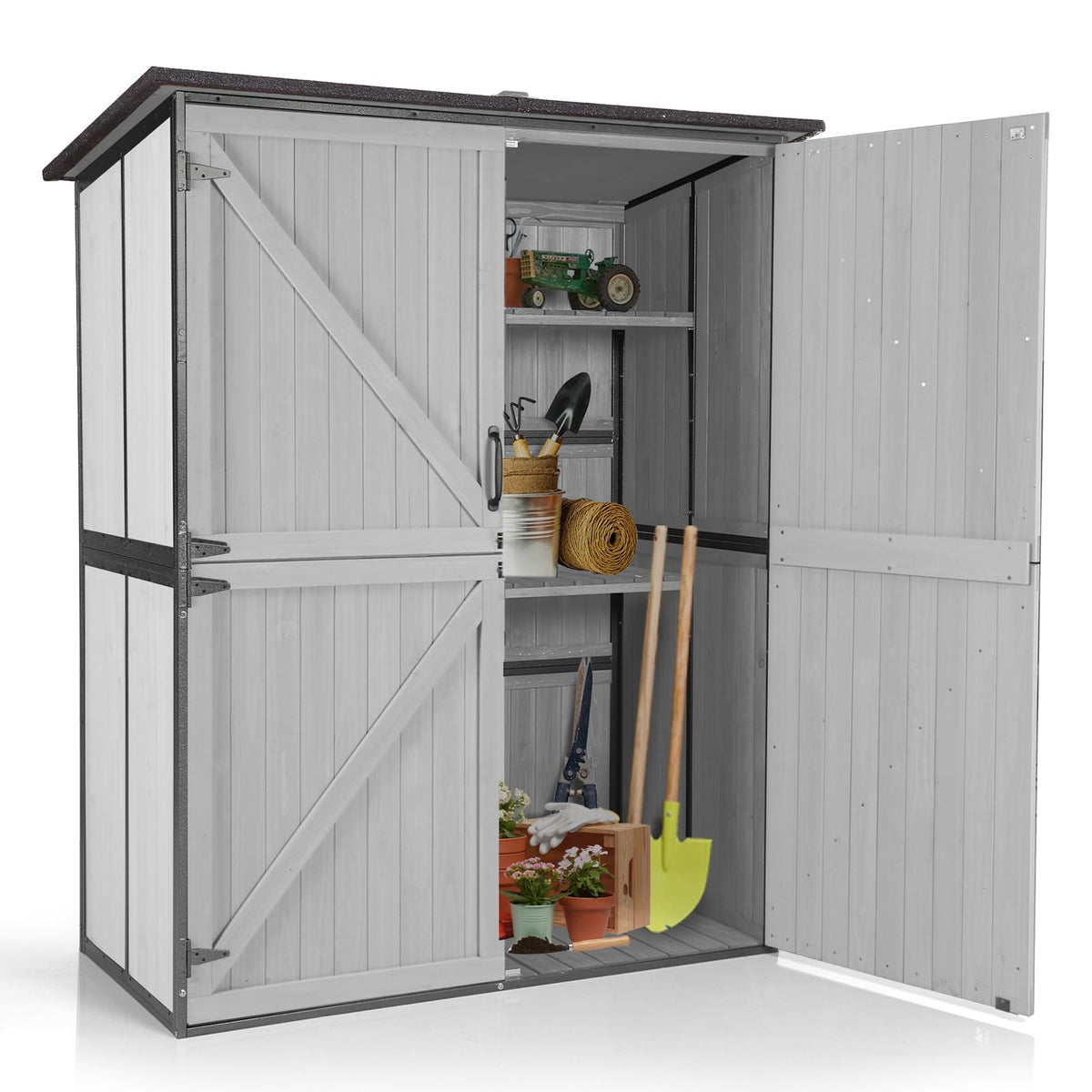 Off-White Storage Shed with Metal Frame, Wooden Floor and Adjustable Shelves C1357