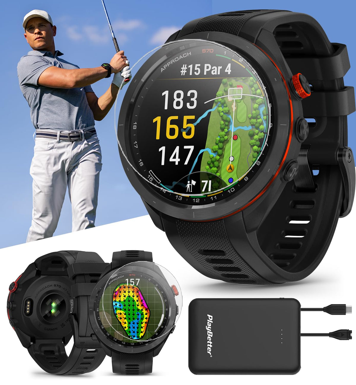 Black 47mm Golf GPS Smartwatch L275497