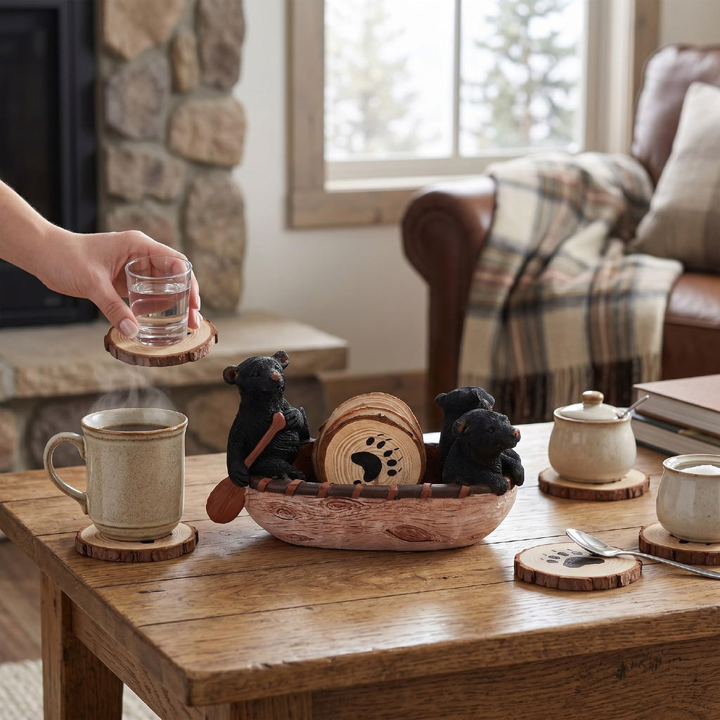 Set of 6 Black Bear Coaster Set with Canoe Holder J375