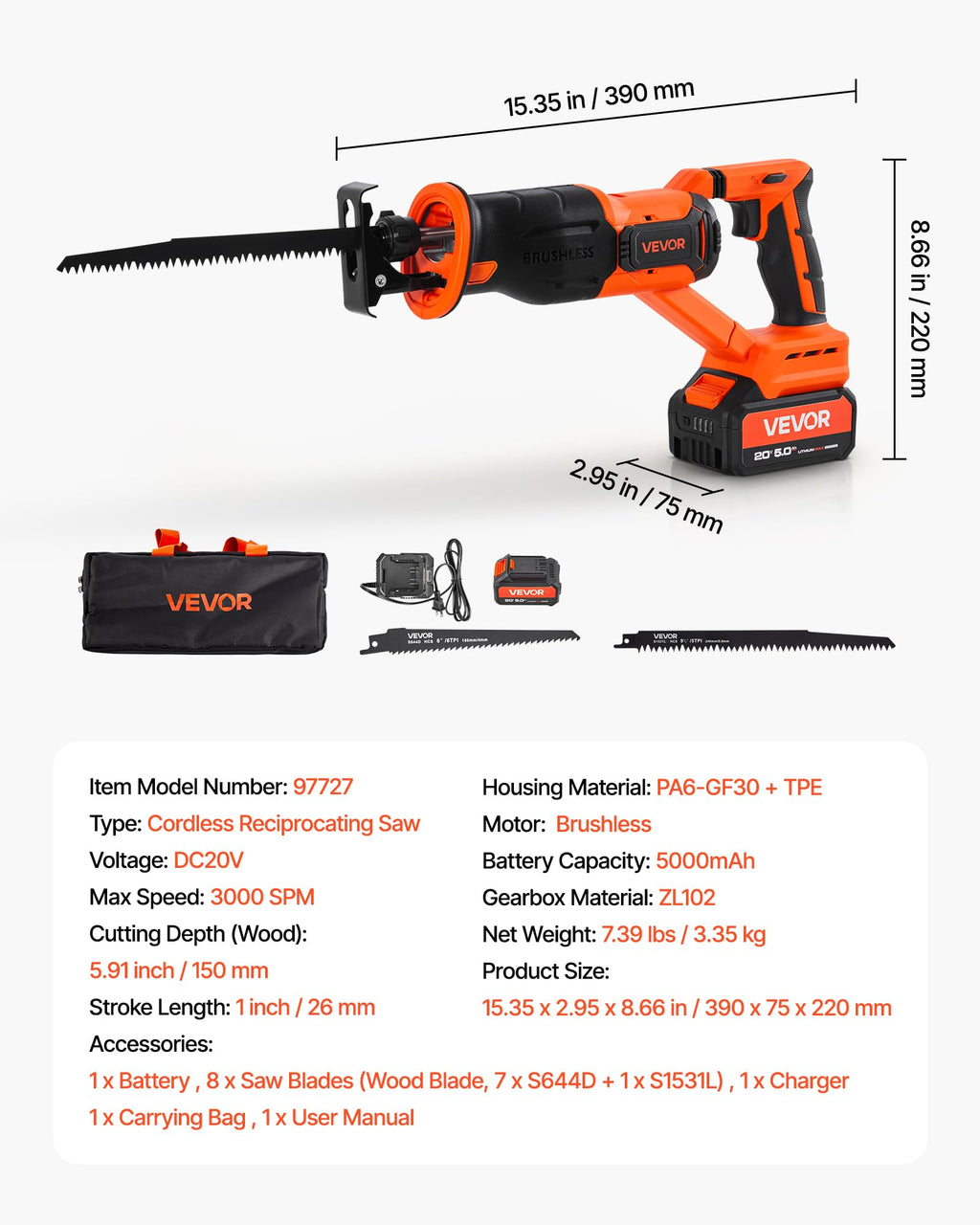20V Cordless Reciprocating Saw with Battery, 8 Blades, and Carrying Bag S474270