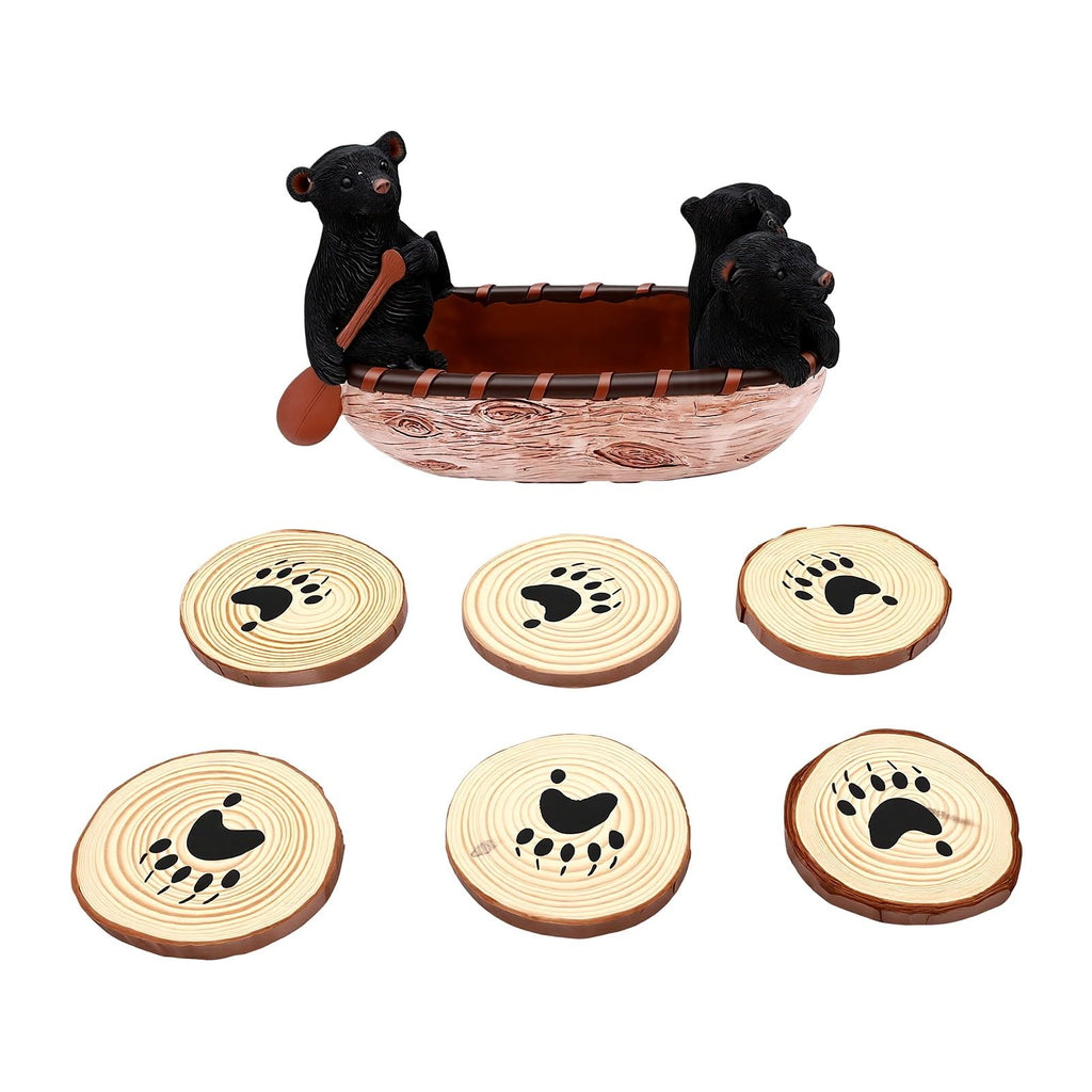 Set of 6 Black Bear Coaster Set with Canoe Holder J375