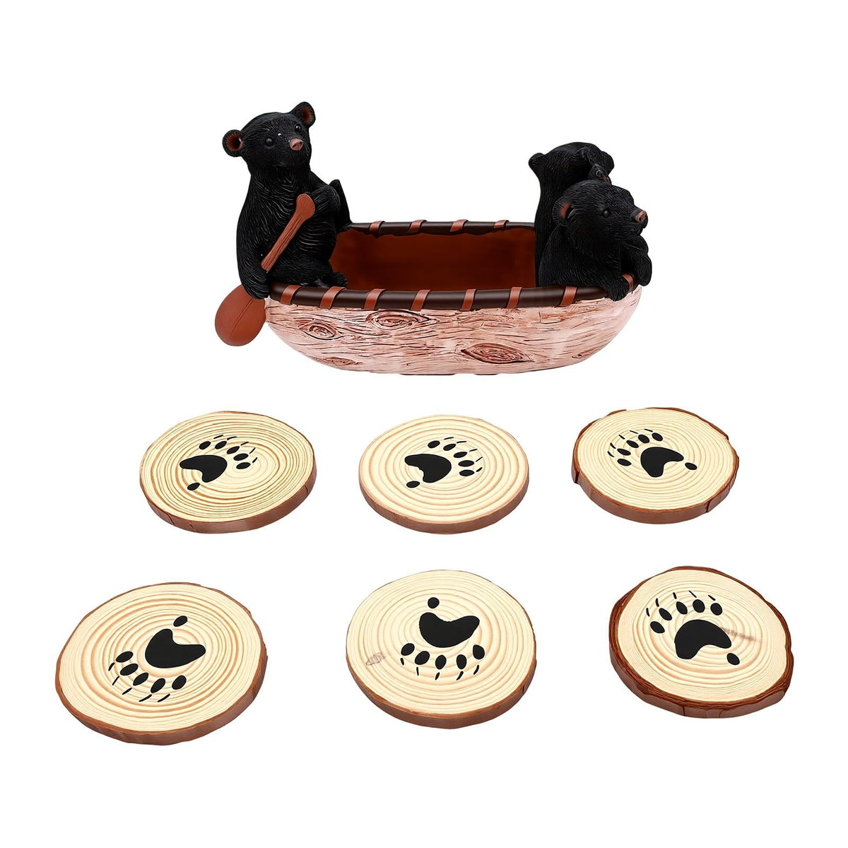 Set of 6 Black Bear Coaster Set with Canoe Holder J375