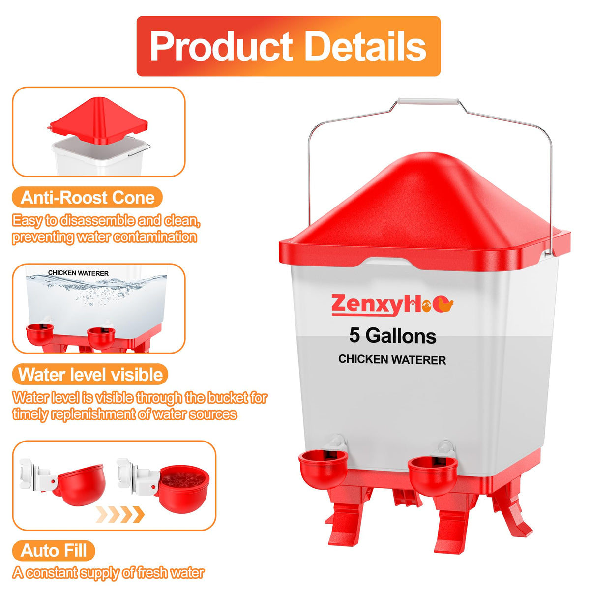 5.0 Gal Chicken Waterer Bucket with 4 Cups K88036