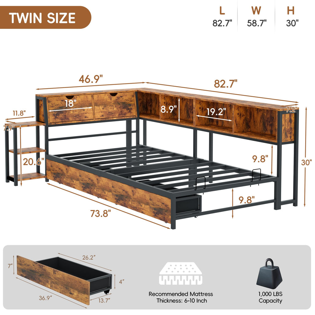 Brown Twin Corner Bed Frame with Storage Bookcase and Bedside Rack A9221