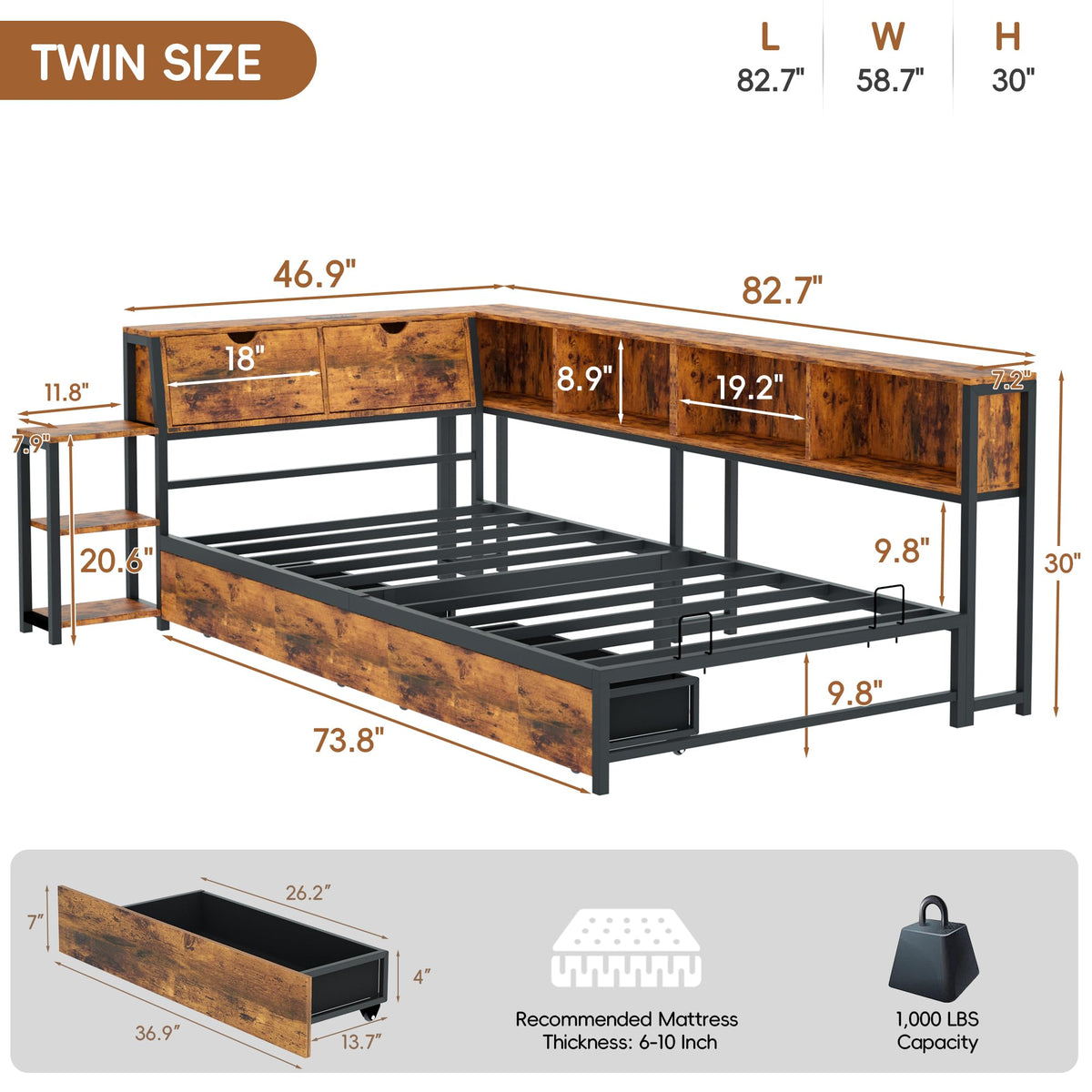 Brown Twin Corner Bed Frame with Storage Bookcase and Bedside Rack A9221