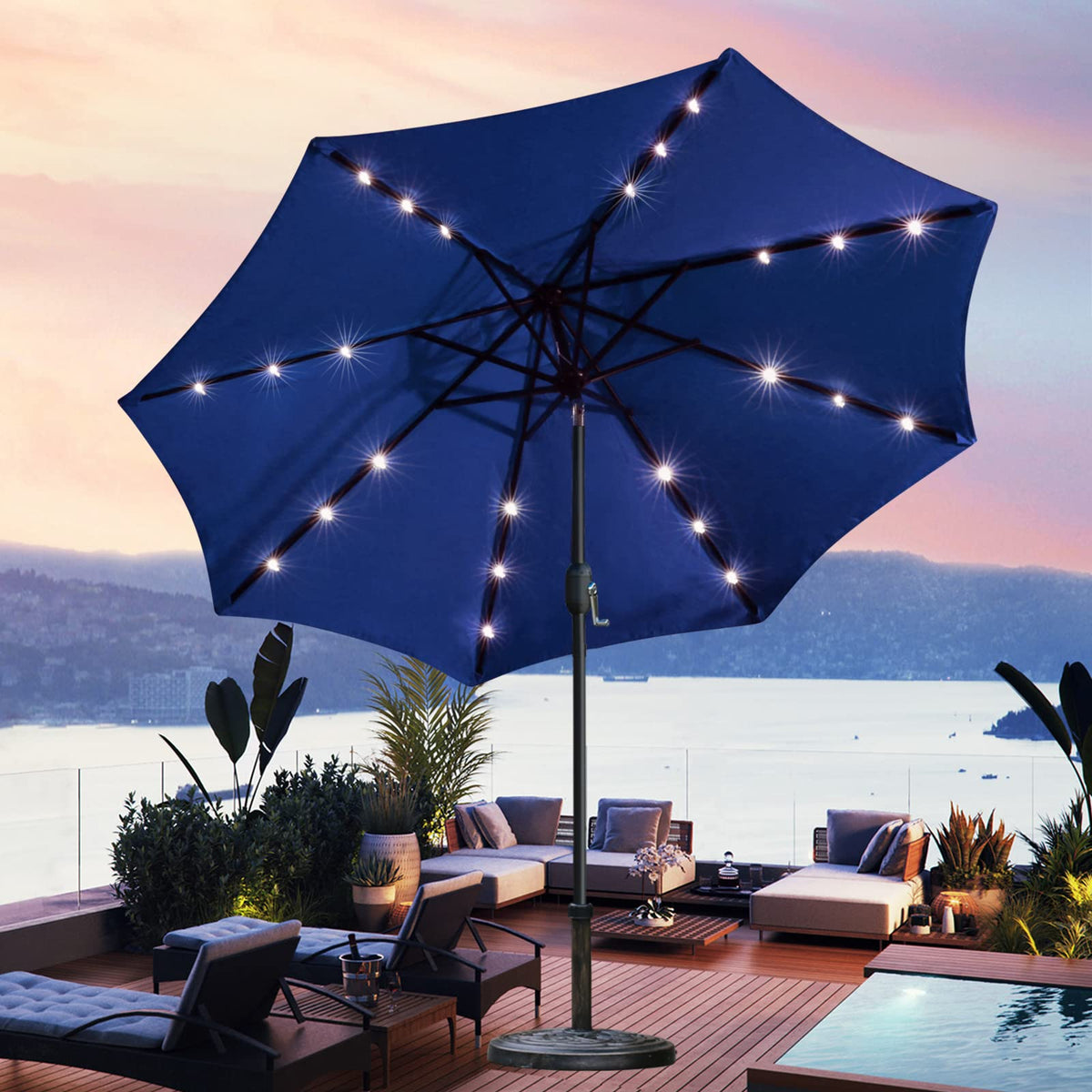 9' Solar LED Patio Umbrella, 8 Ribs, Tilt & Crank (Navy Blue) B6284