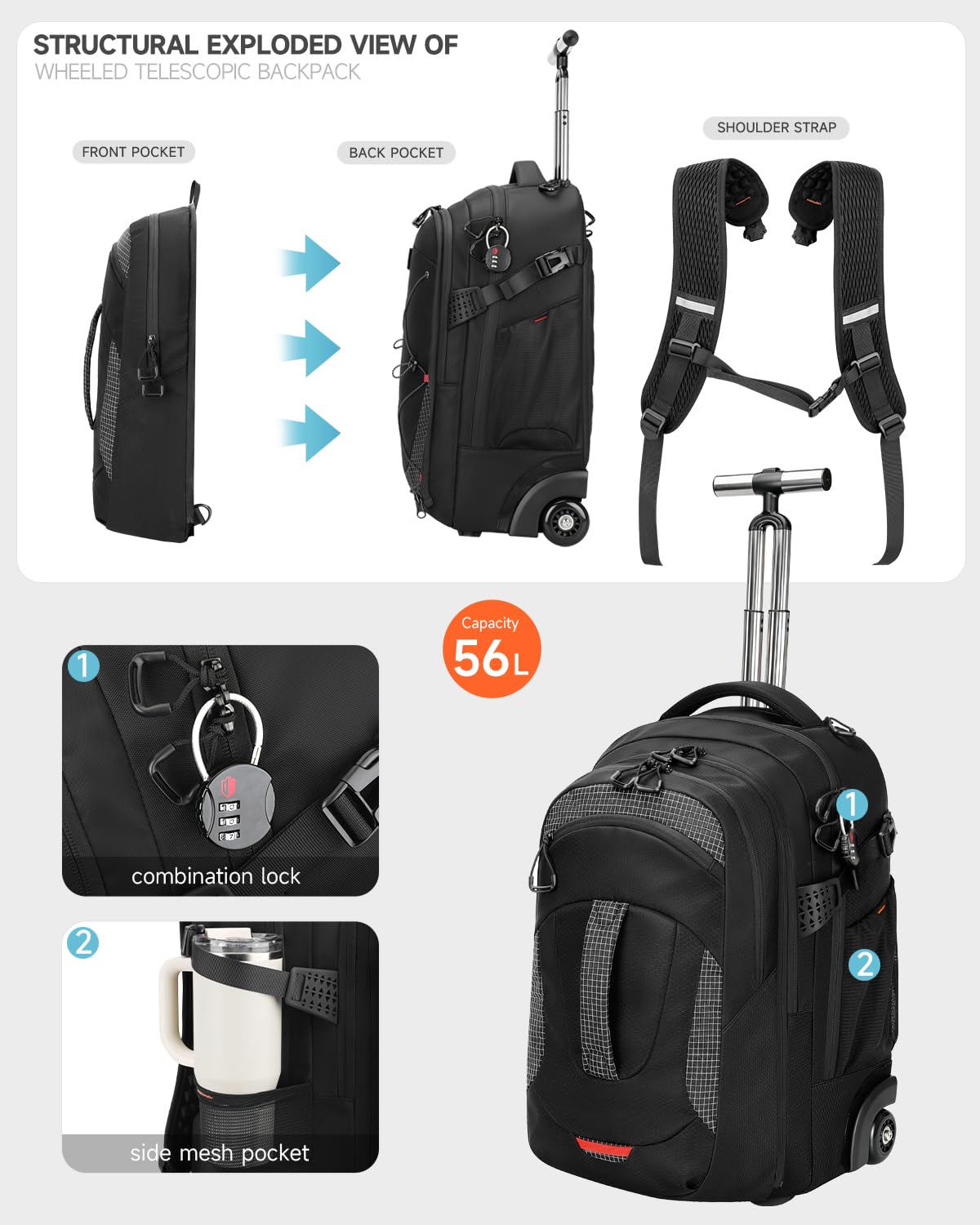 2-in-1 Detachable Backpack with Wheels N36873
