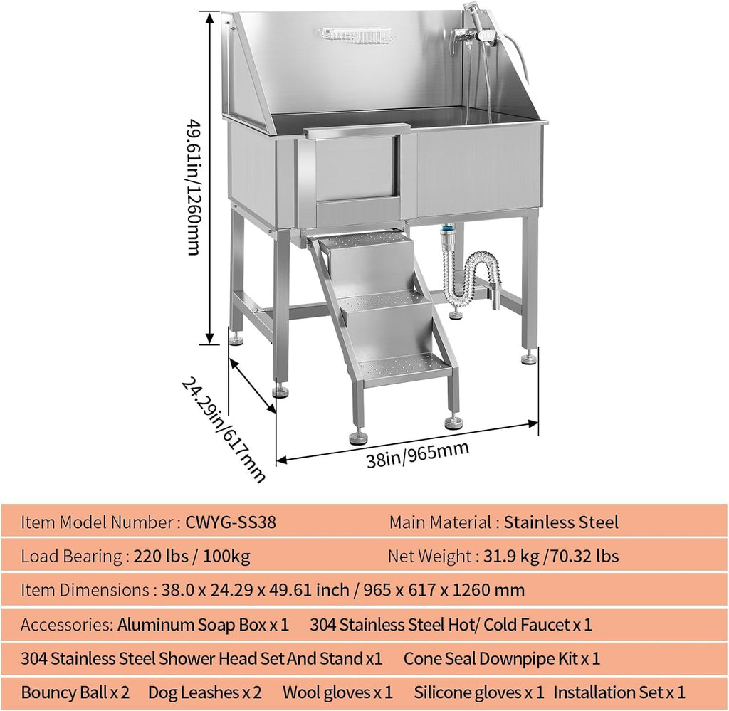 38" Stainless Steel Dog Grooming Tub with Ramp L556208