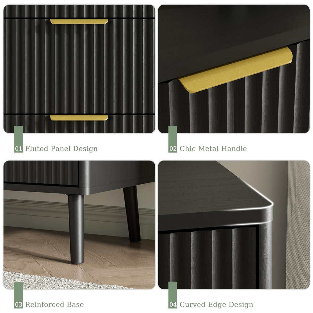 Black 9 Drawer Fluted Wood Dresser P1351