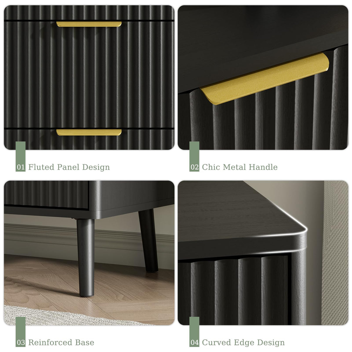Black 9 Drawer Fluted Wood Dresser P1351