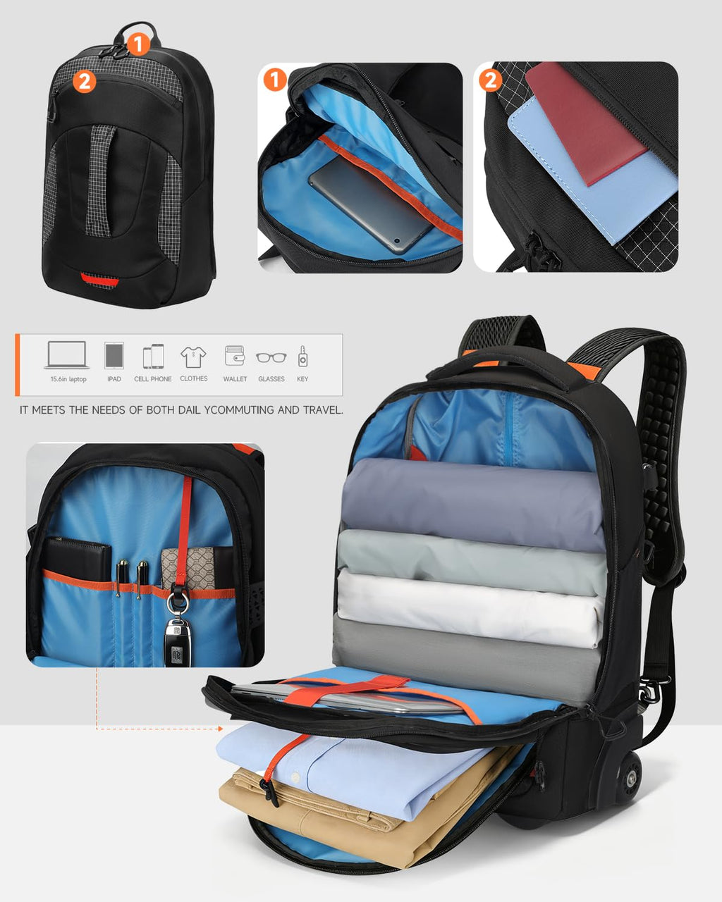 2-in-1 Detachable Backpack with Wheels N36873