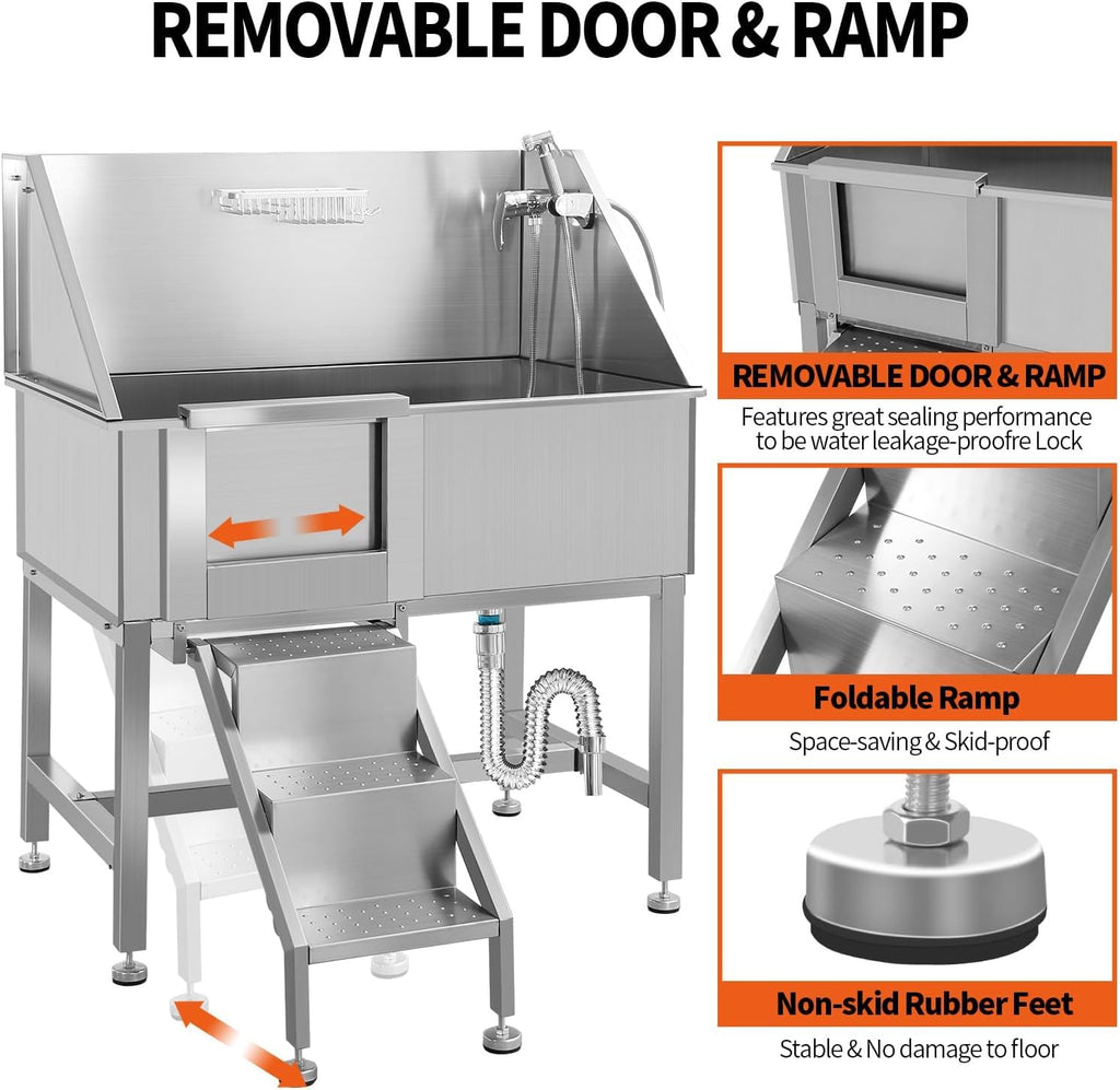 38" Stainless Steel Dog Grooming Tub with Ramp L556208