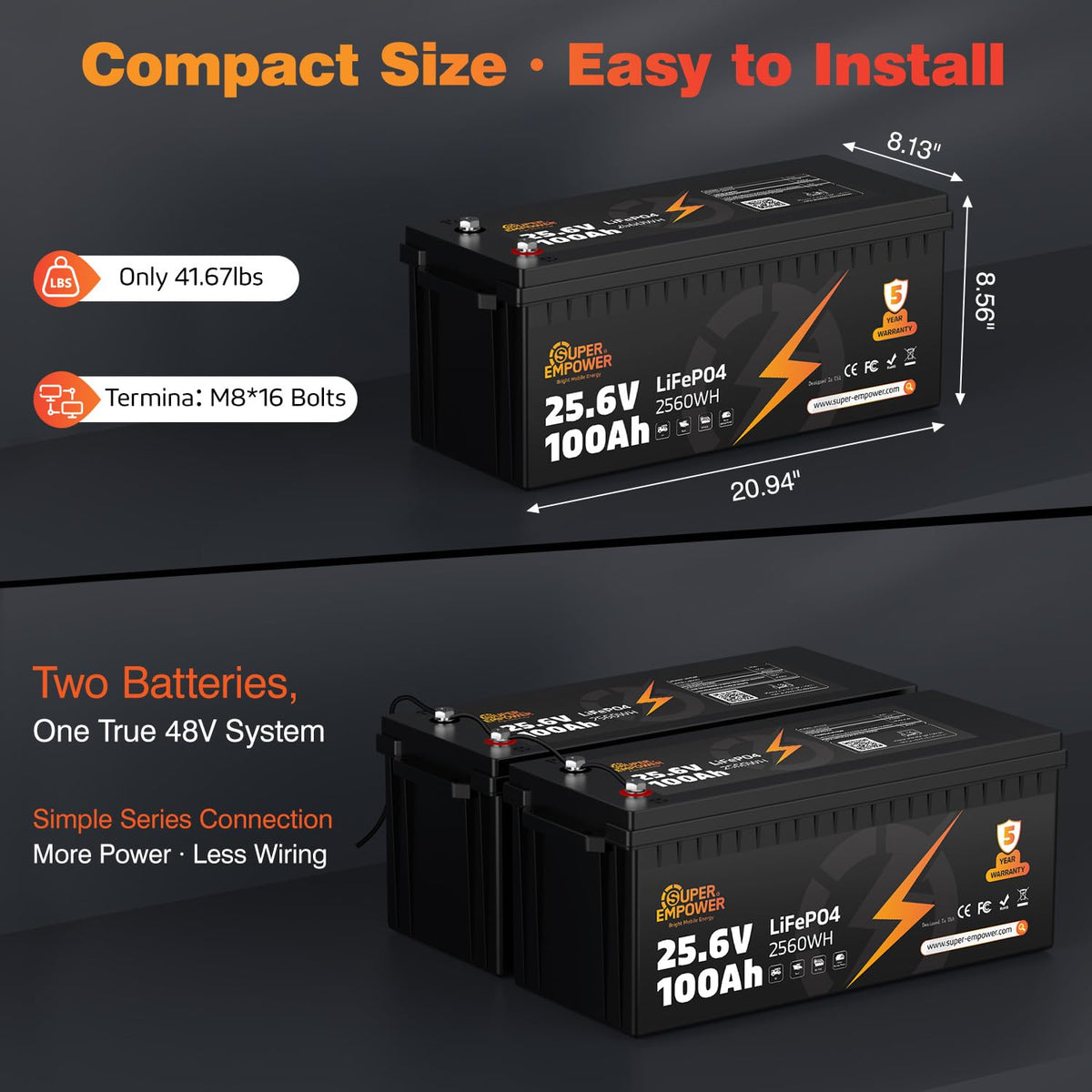 24V 100Ah LiFePO4 Deep Cycle Lithium Battery K322