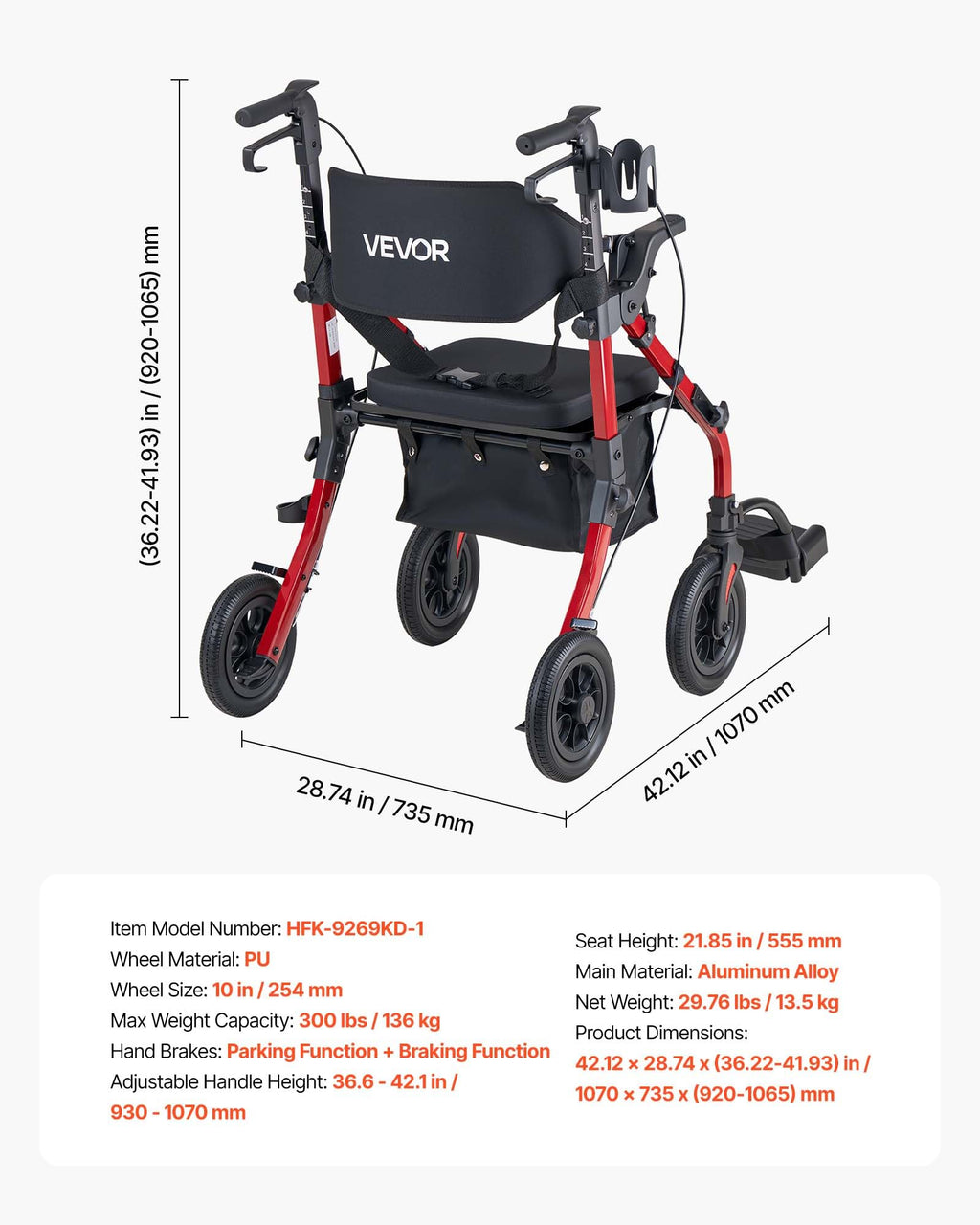 2-in-1 Foldable Aluminum Rollator Walker & Transport Chair Z845