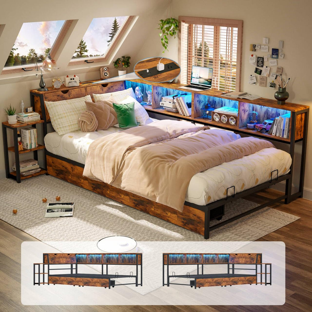 Brown Twin Corner Bed Frame with Storage Bookcase and Bedside Rack A9221