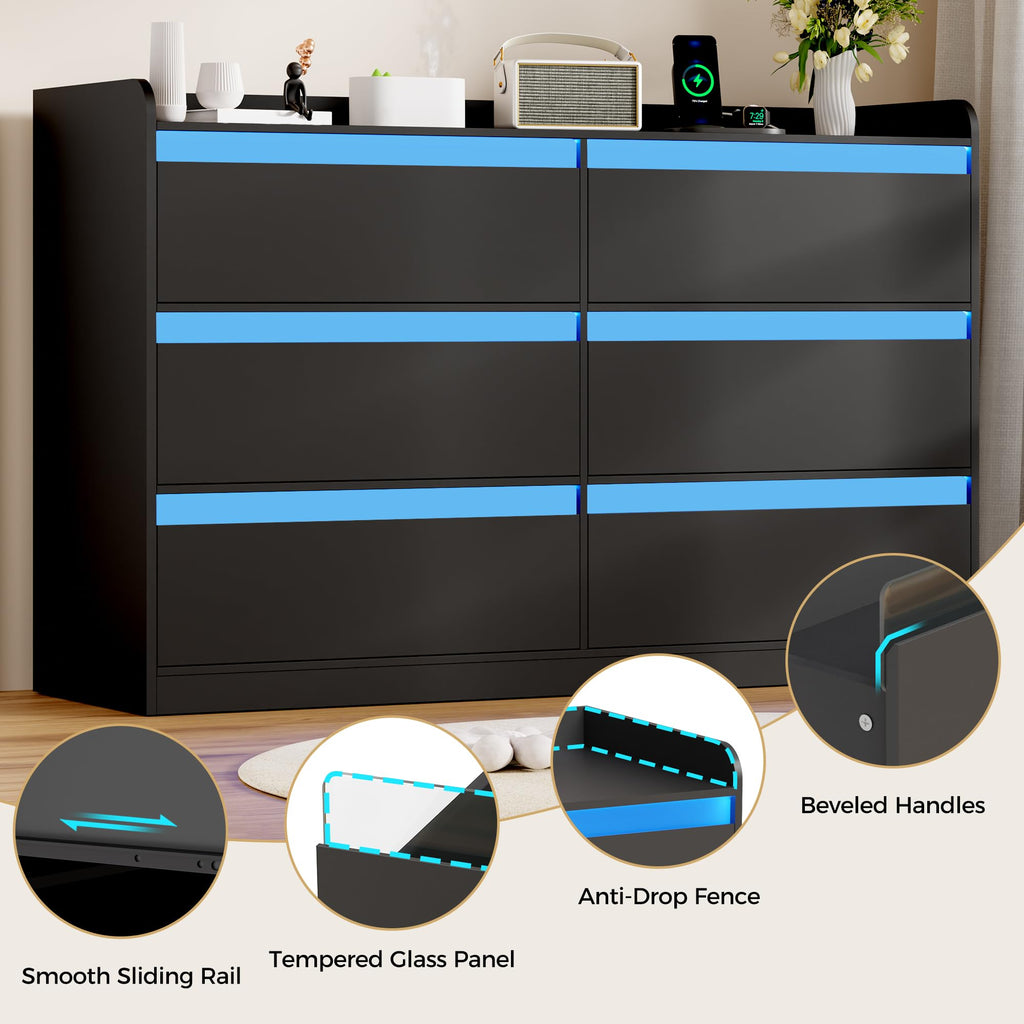 Black Dresser with Power Outlet and LED Lights C57287