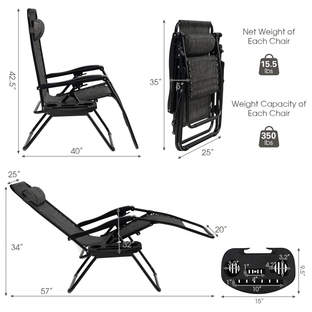 Zero Gravity Lounge Chairs Set of 2 Gray K334130