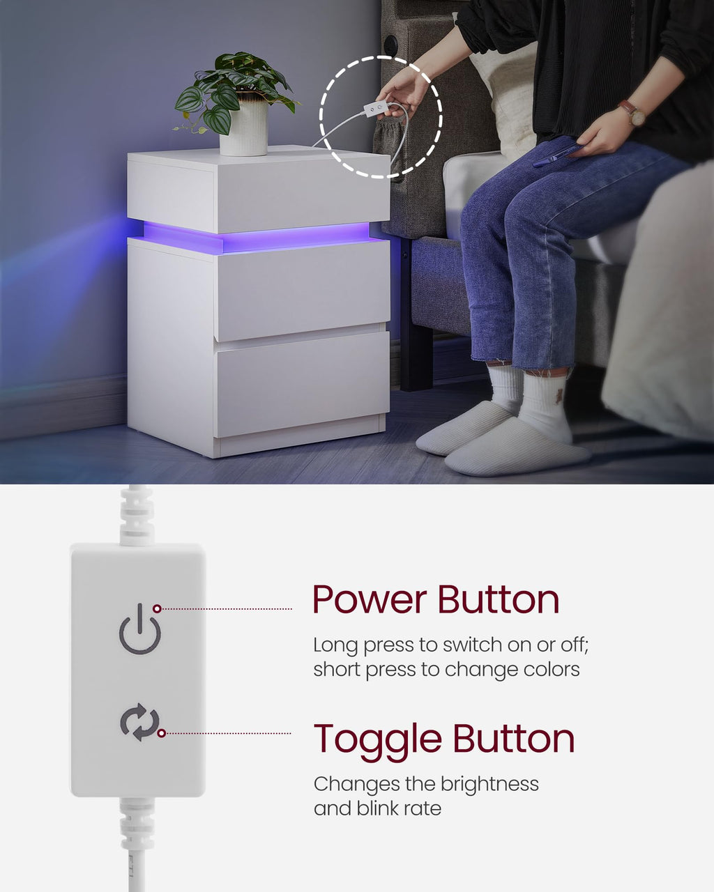 LED Nightstand with Charging Station, 3 Drawers D6502