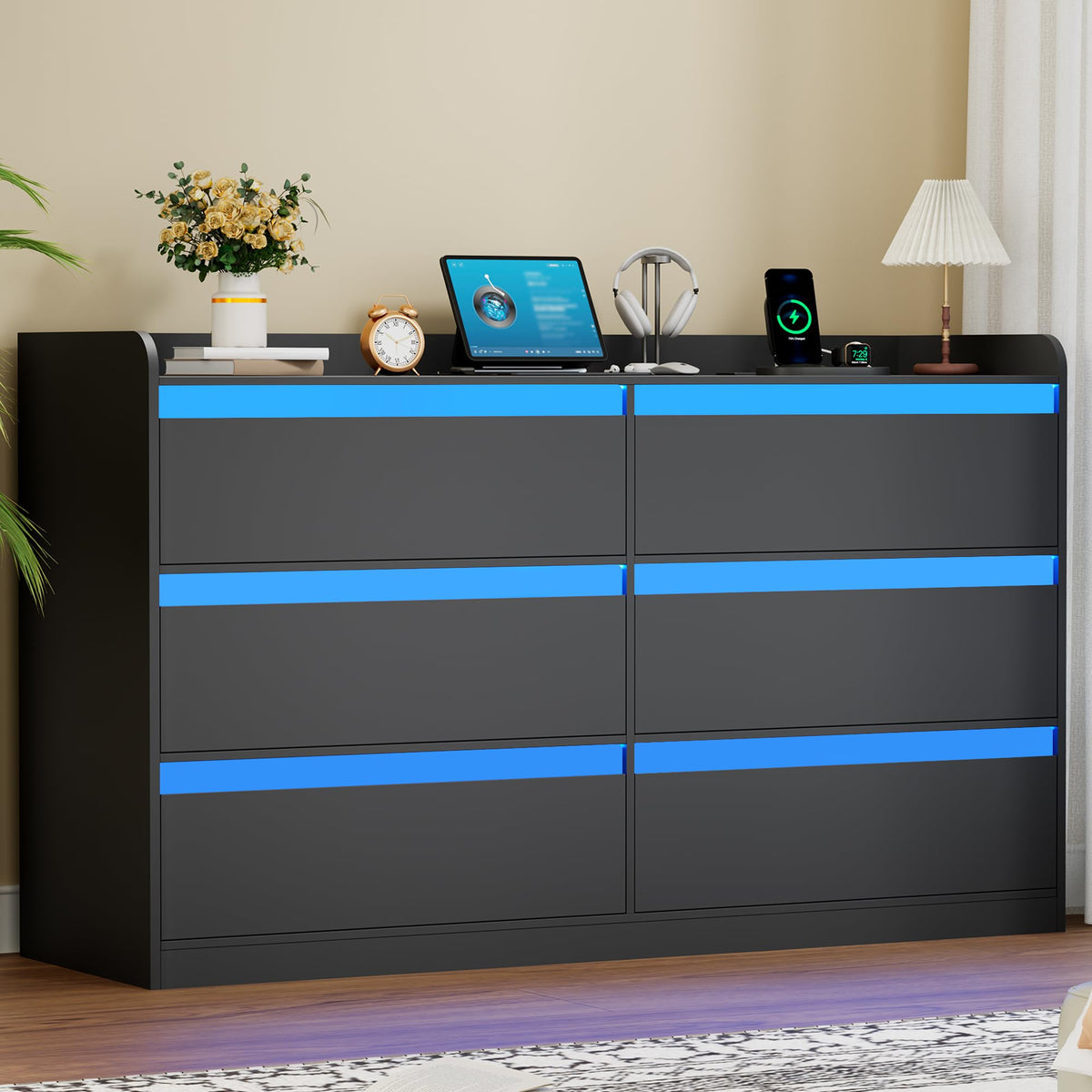 Black Dresser with Power Outlet and LED Lights C57287