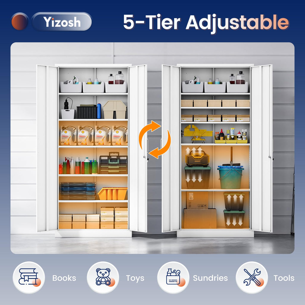 White Metal Storage Cabinet with 2 Doors and 5 Adjustable Shelves I49957