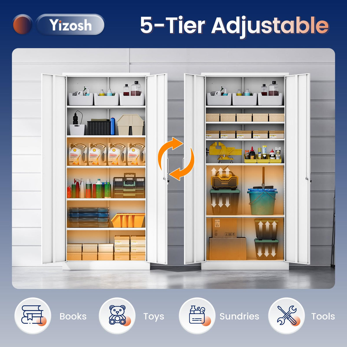 White Metal Storage Cabinet with 2 Doors and 5 Adjustable Shelves I49957
