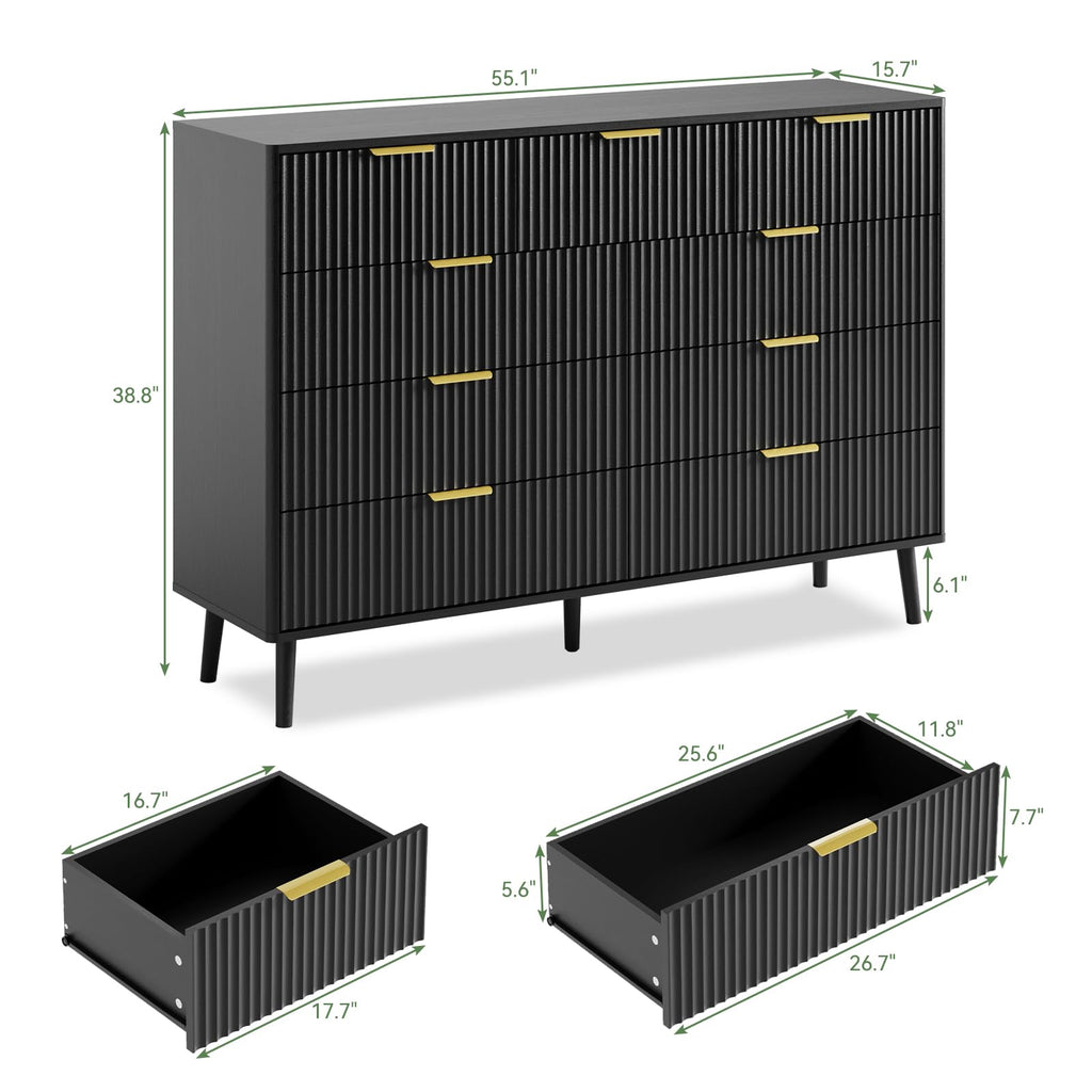 Black 9 Drawer Fluted Wood Dresser P1351