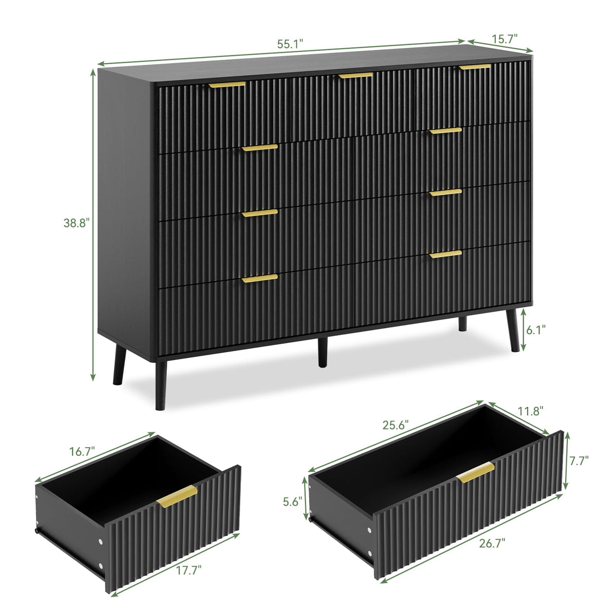 Black 9 Drawer Fluted Wood Dresser P1351