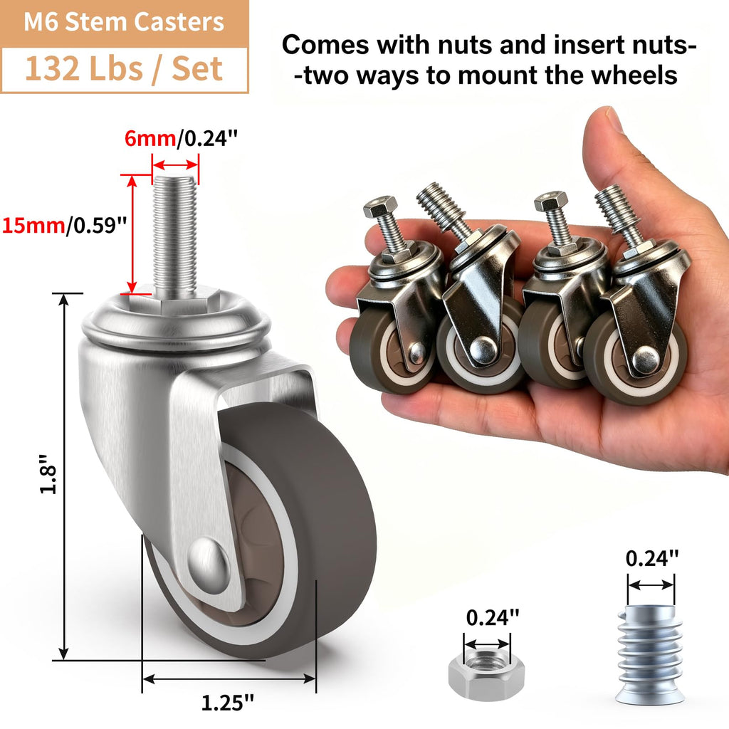 1.25" M6 Swivel Casters, 4 Pcs W137