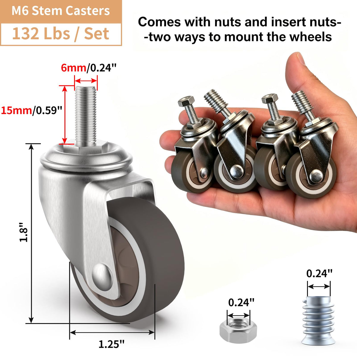 1.25" M6 Swivel Casters, 4 Pcs W137