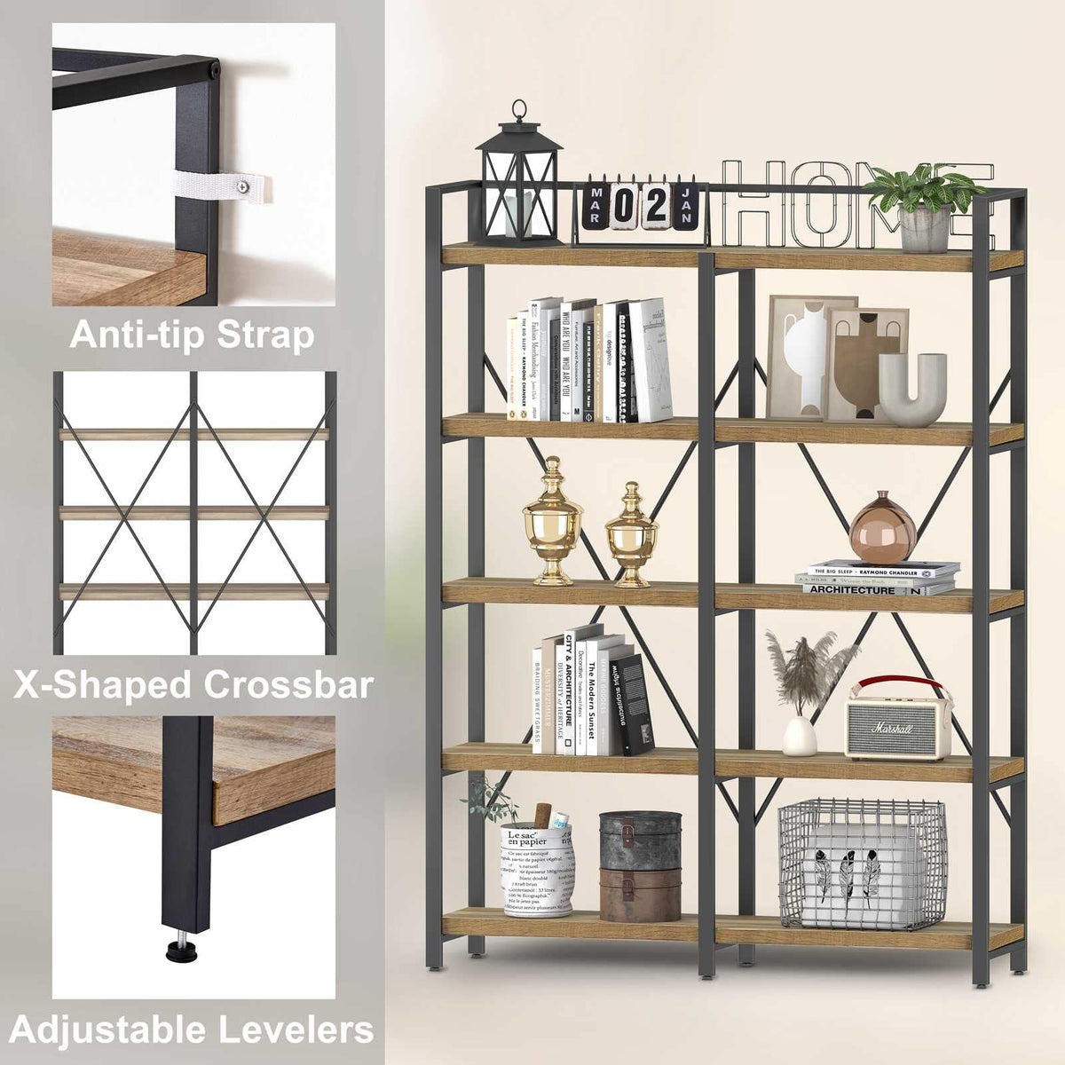 5 Tier Wood and Metal Bookshelf T199947