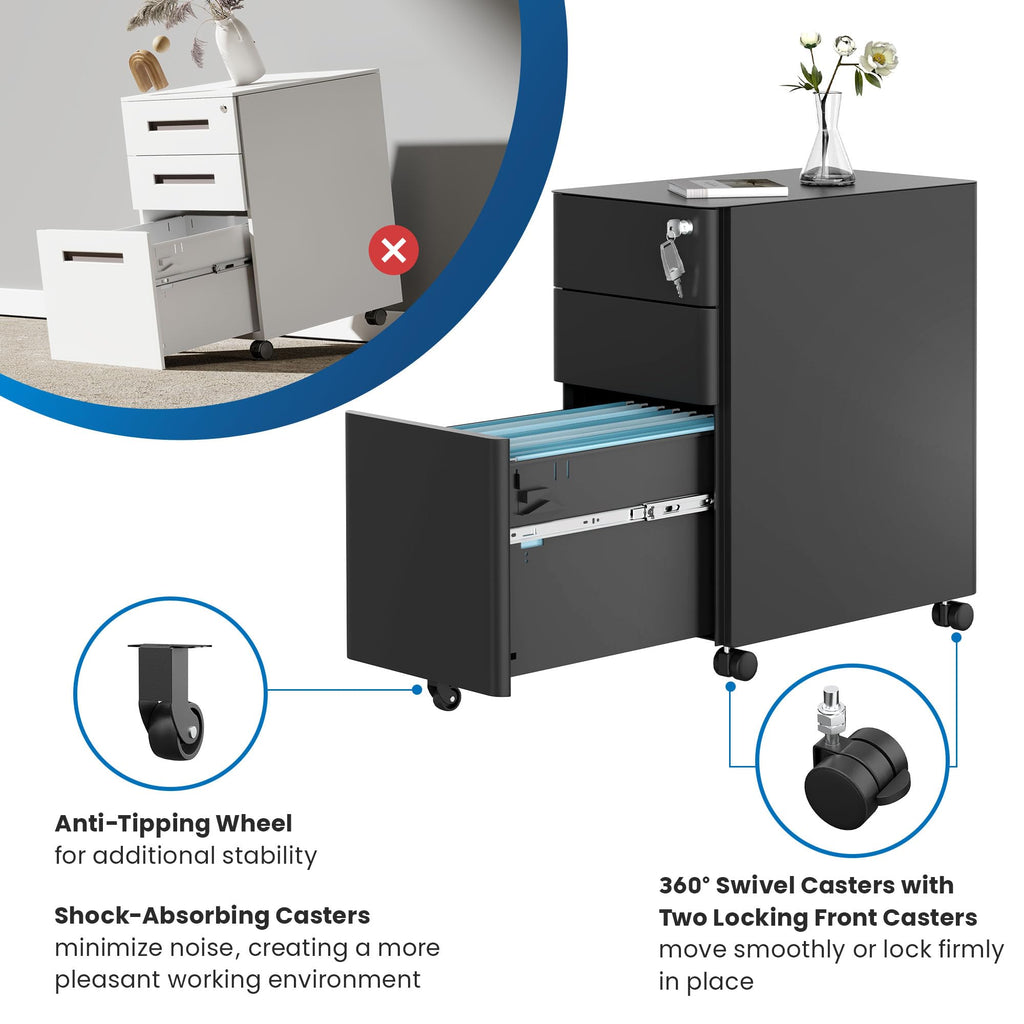 Black 3 Drawer Rolling File Cabinet with Lock M537