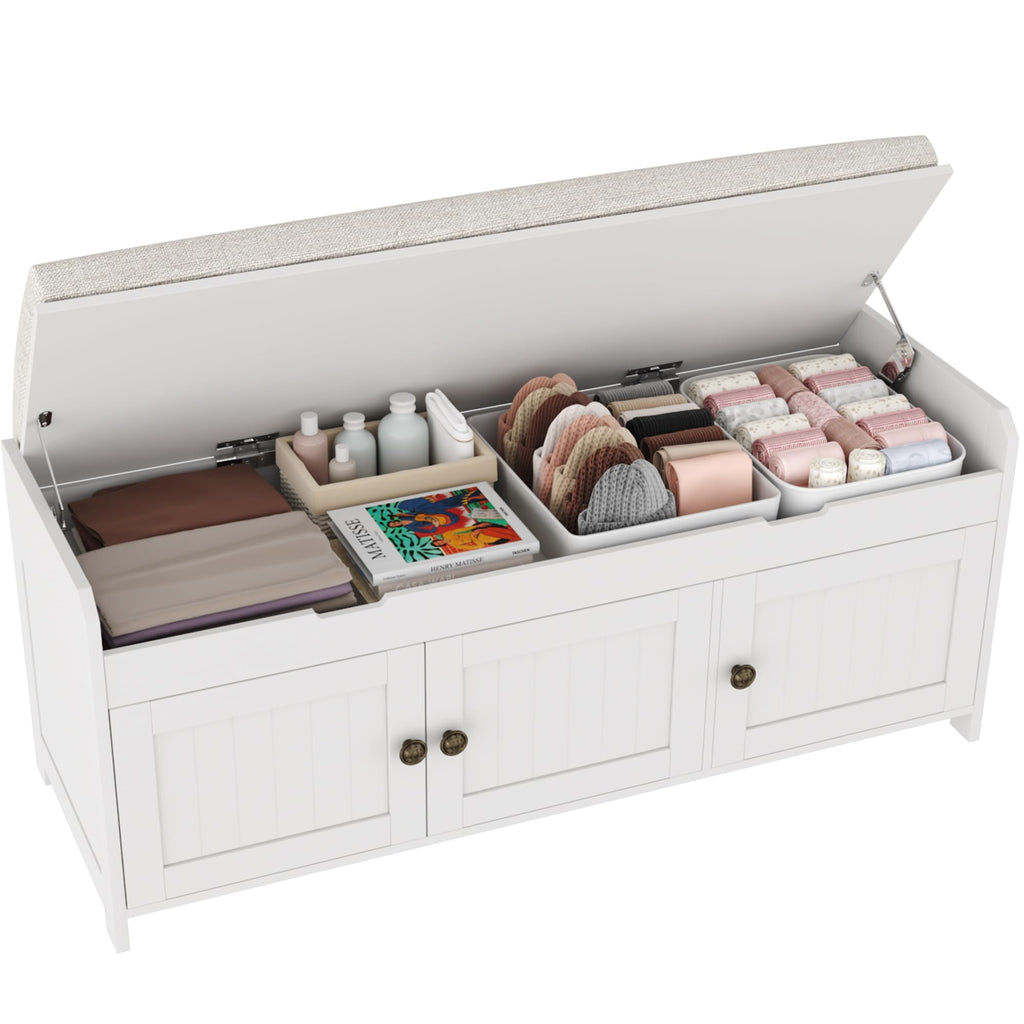 White Lift Top Storage Shoe Bench with Cushioned Seat Z741593
