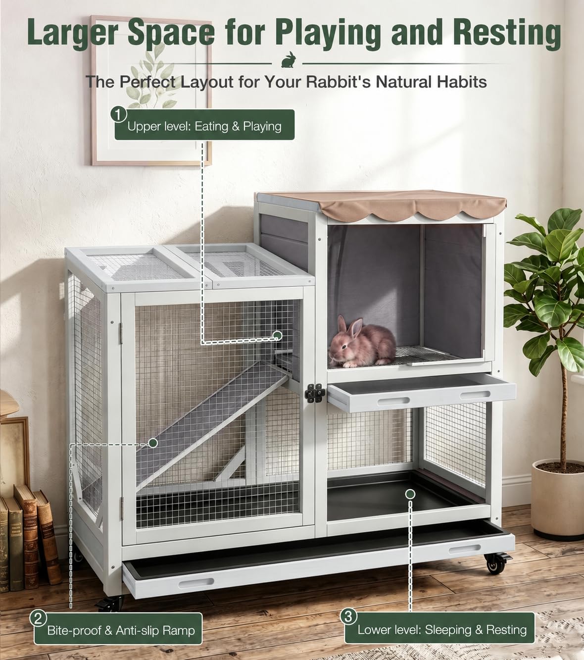 Wooden Rabbit Cage on Wheels with Ramp B397