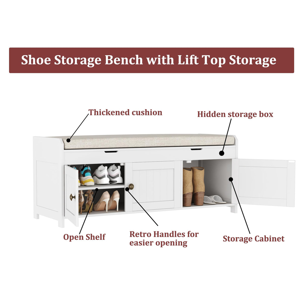 White Lift Top Storage Shoe Bench with Cushioned Seat Z741593