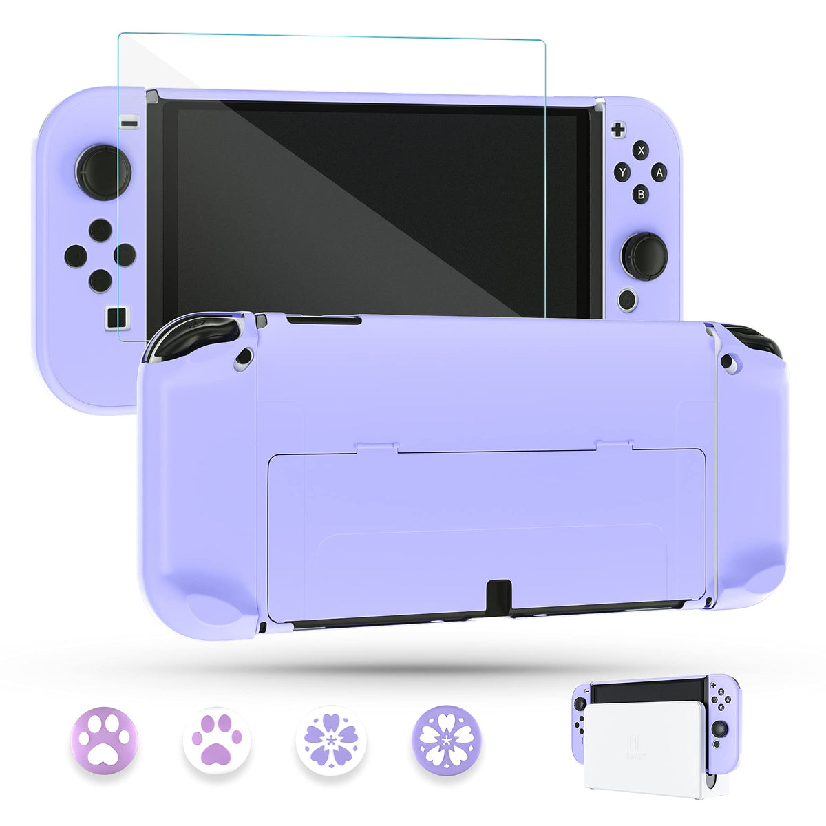 Purple Case for Nintendo Switch OLED Model with Screen Protector and 4 Thumb Grip Caps D78996