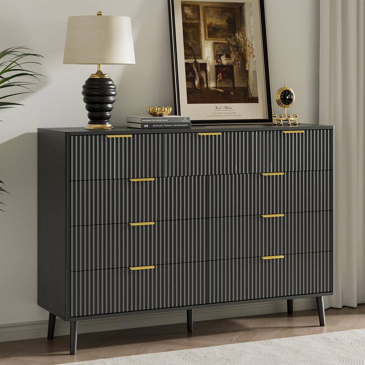 Black 9 Drawer Fluted Wood Dresser P1351