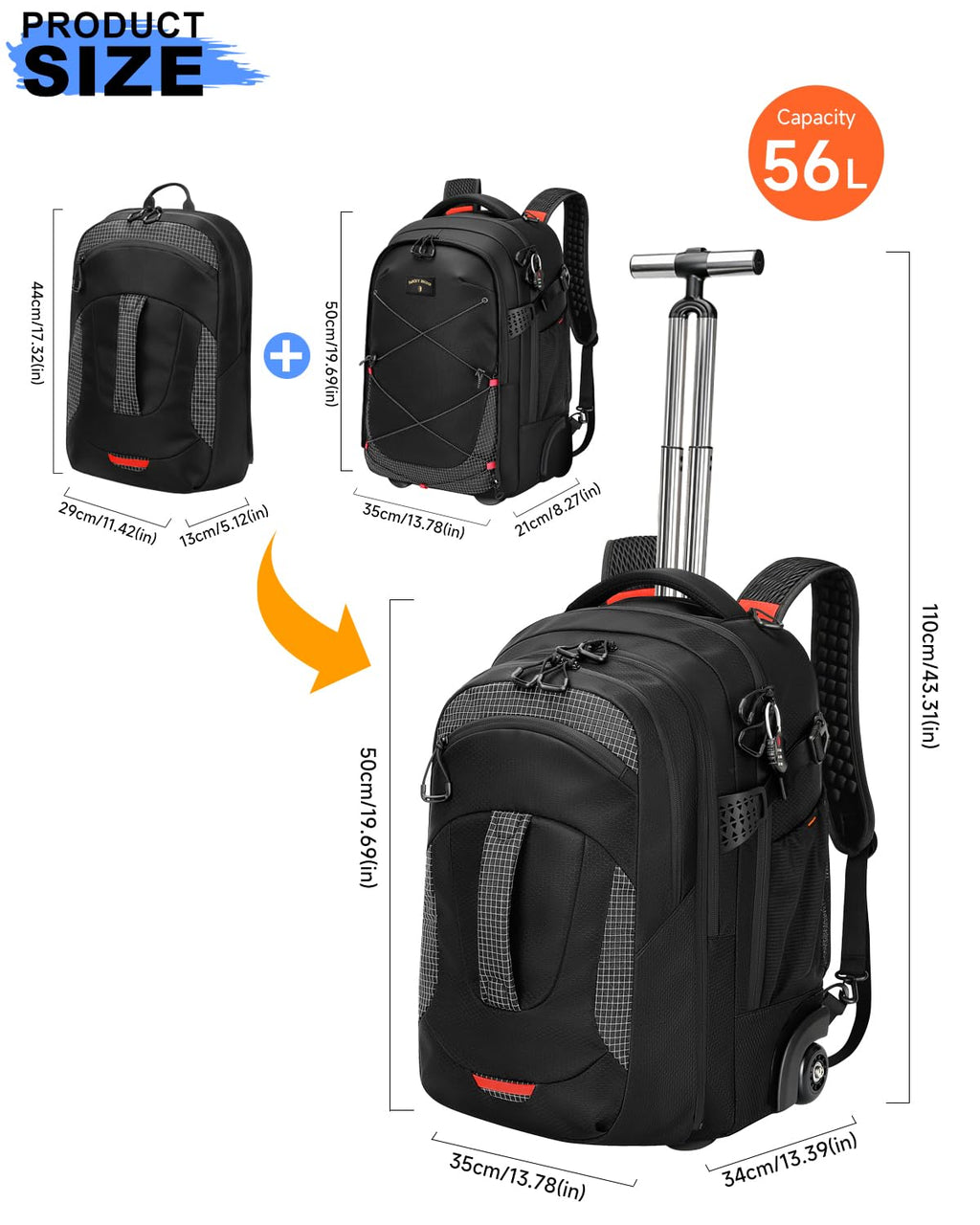 2-in-1 Detachable Backpack with Wheels N36873