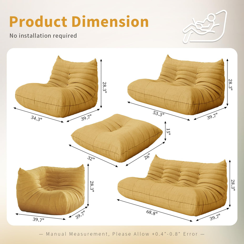 Yellow Corduroy Memory Foam Bean Bag Chair F54403