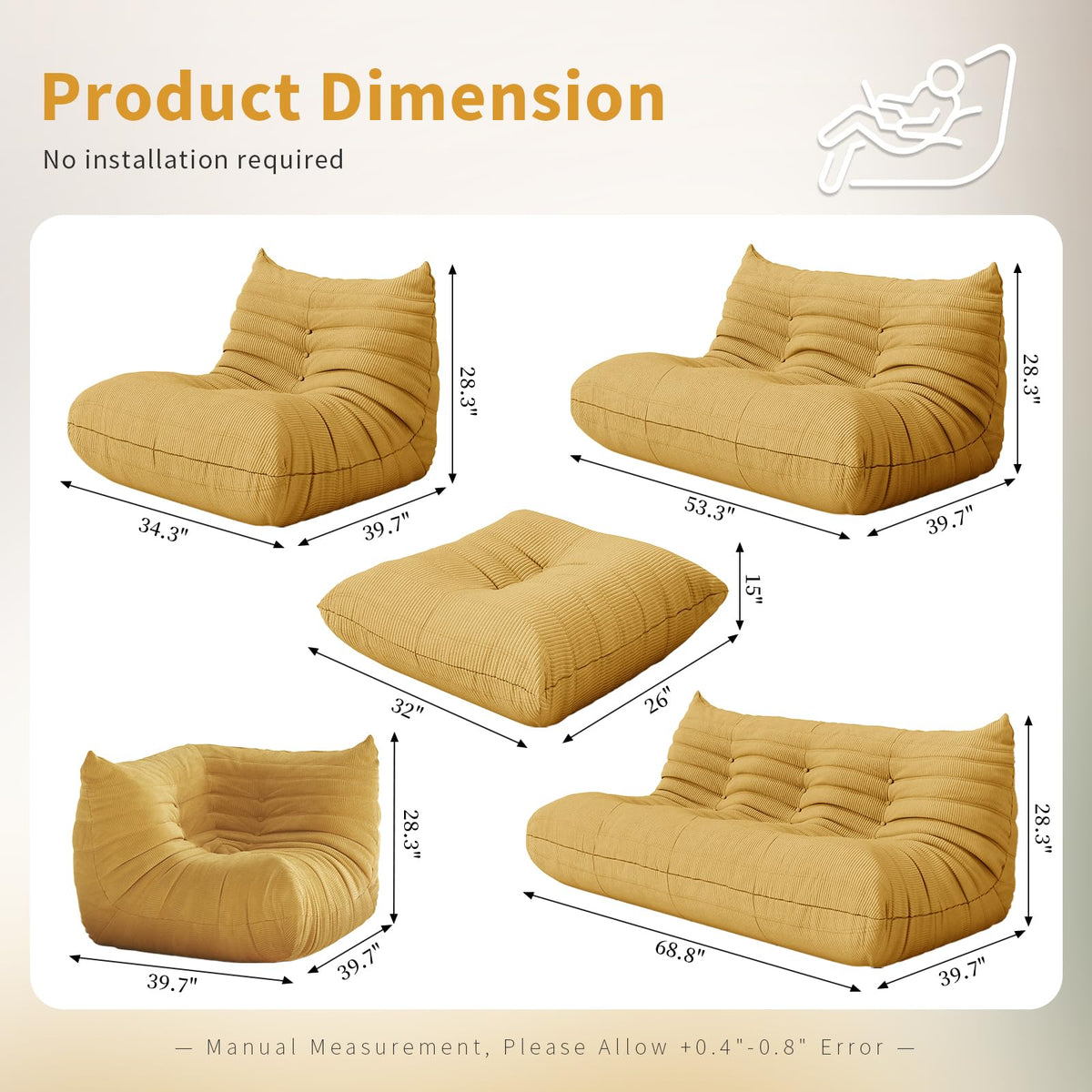 Yellow Corduroy Memory Foam Bean Bag Chair F54403