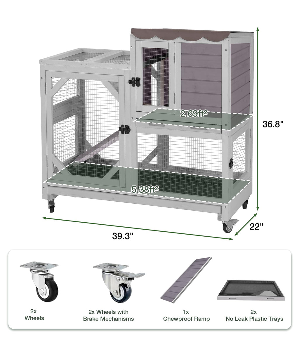 Wooden Rabbit Cage on Wheels with Ramp B397