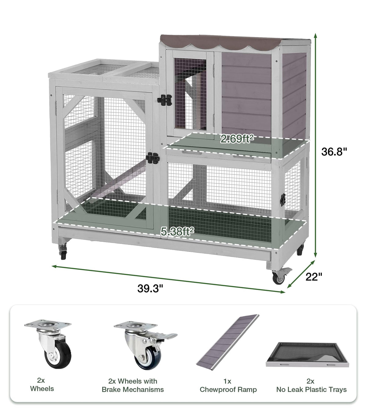 Wooden Rabbit Cage on Wheels with Ramp B397