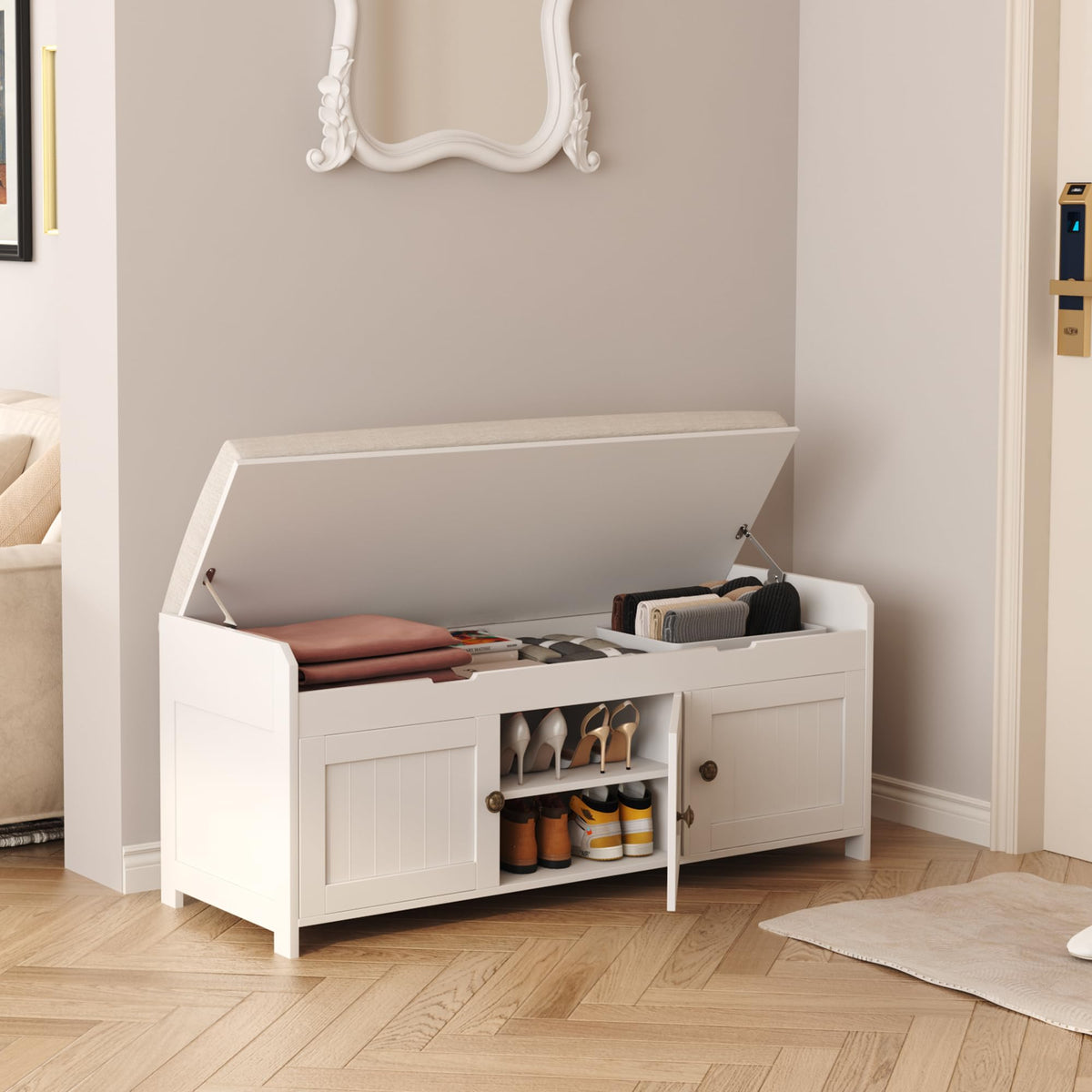 White Lift Top Storage Shoe Bench with Cushioned Seat Z741593