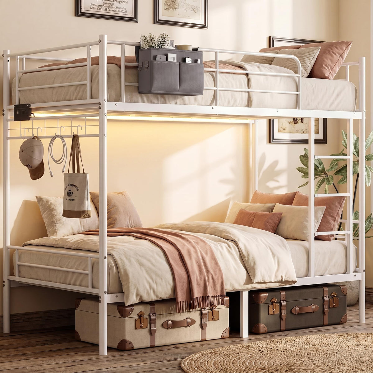 White Twin Over Twin Bunk Bed with LED Lights and Charging Station L86340