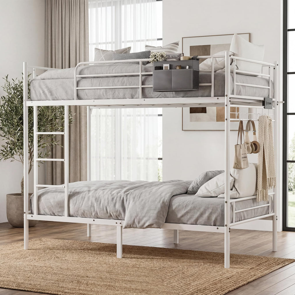 White Twin Over Twin Bunk Bed with LED Lights and Charging Station L86340