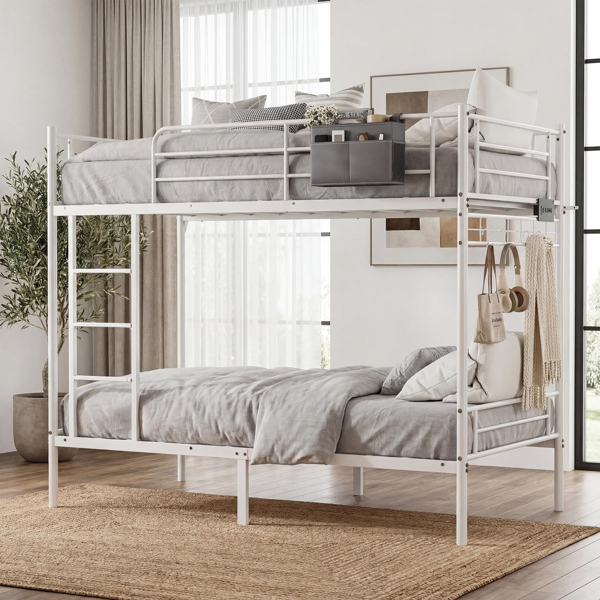 White Twin Over Twin Bunk Bed with LED Lights and Charging Station L86340