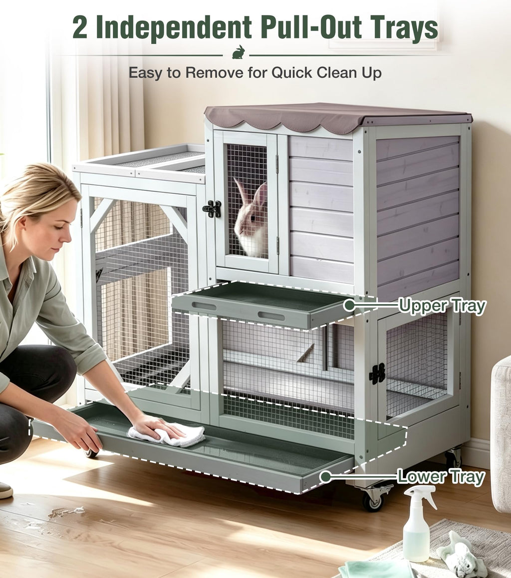 Wooden Rabbit Cage on Wheels with Ramp B397