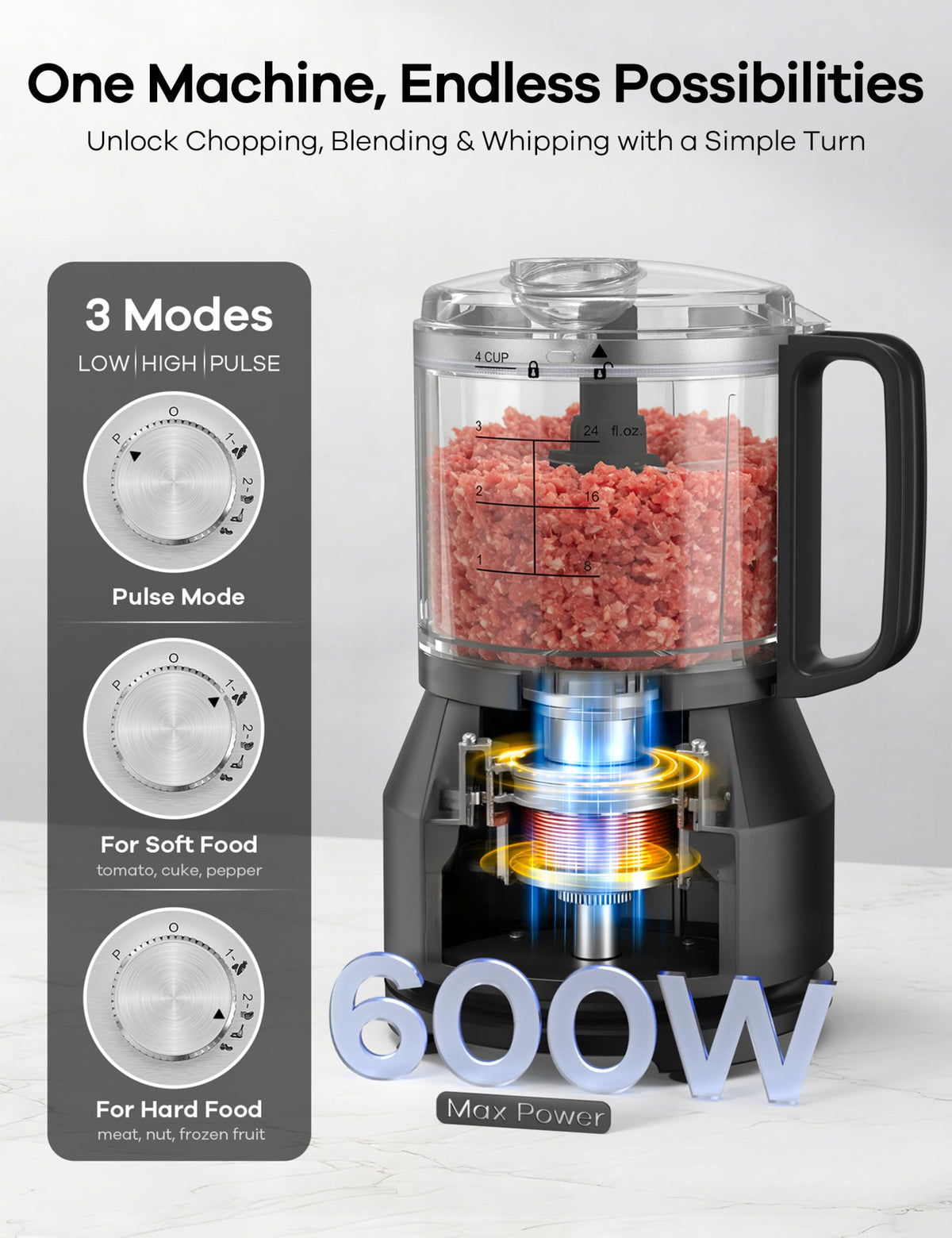 4-in-1 Food Processor with 2x4-Cup Bowls A7206
