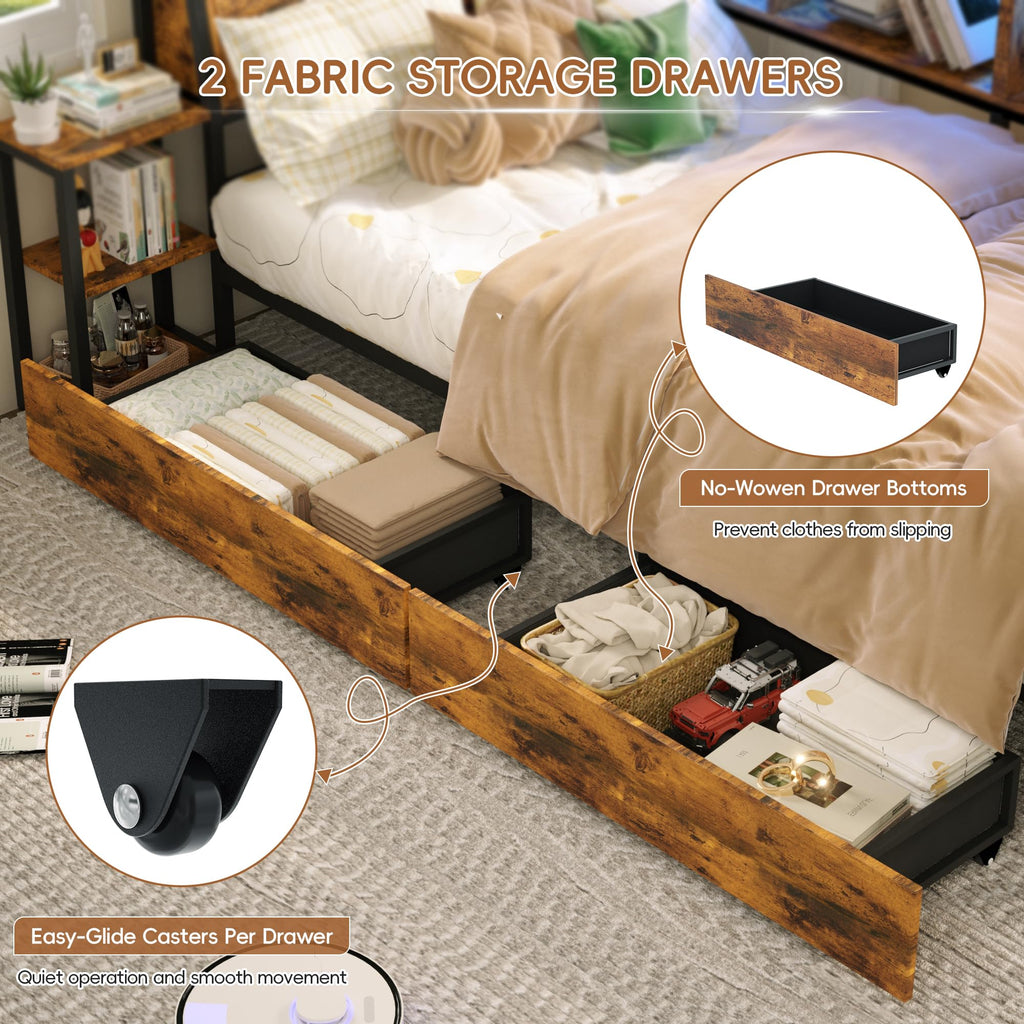 Brown Twin Corner Bed Frame with Storage Bookcase and Bedside Rack A9221