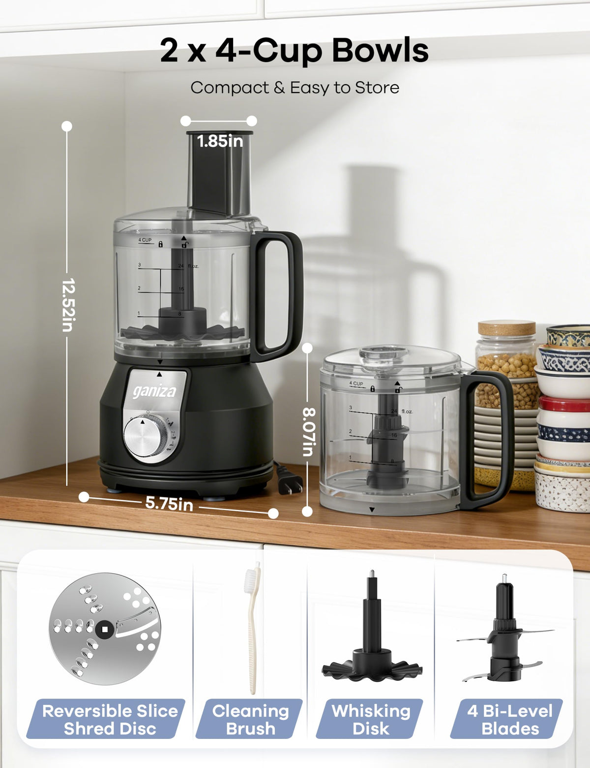 4-in-1 Food Processor with 2x4-Cup Bowls A7206